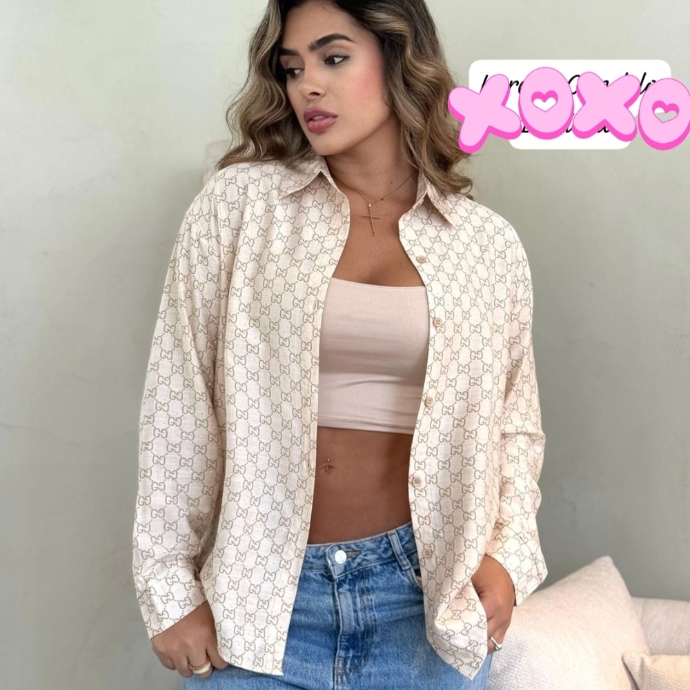 Beige Patterned Button Down Shirt